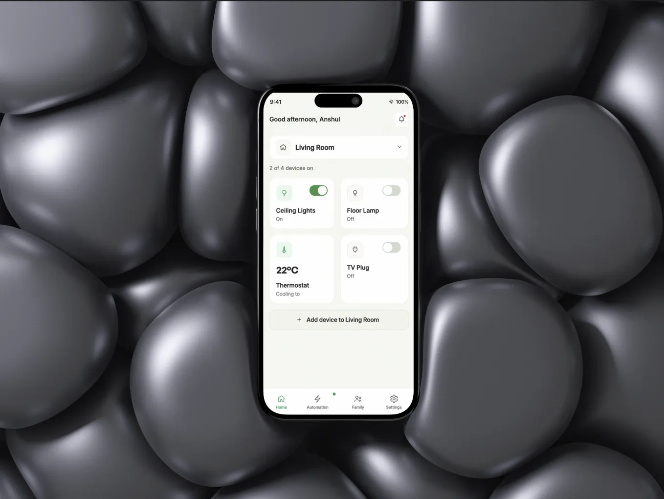 Atlas smart home app interface on a phone over a dark sculptural background